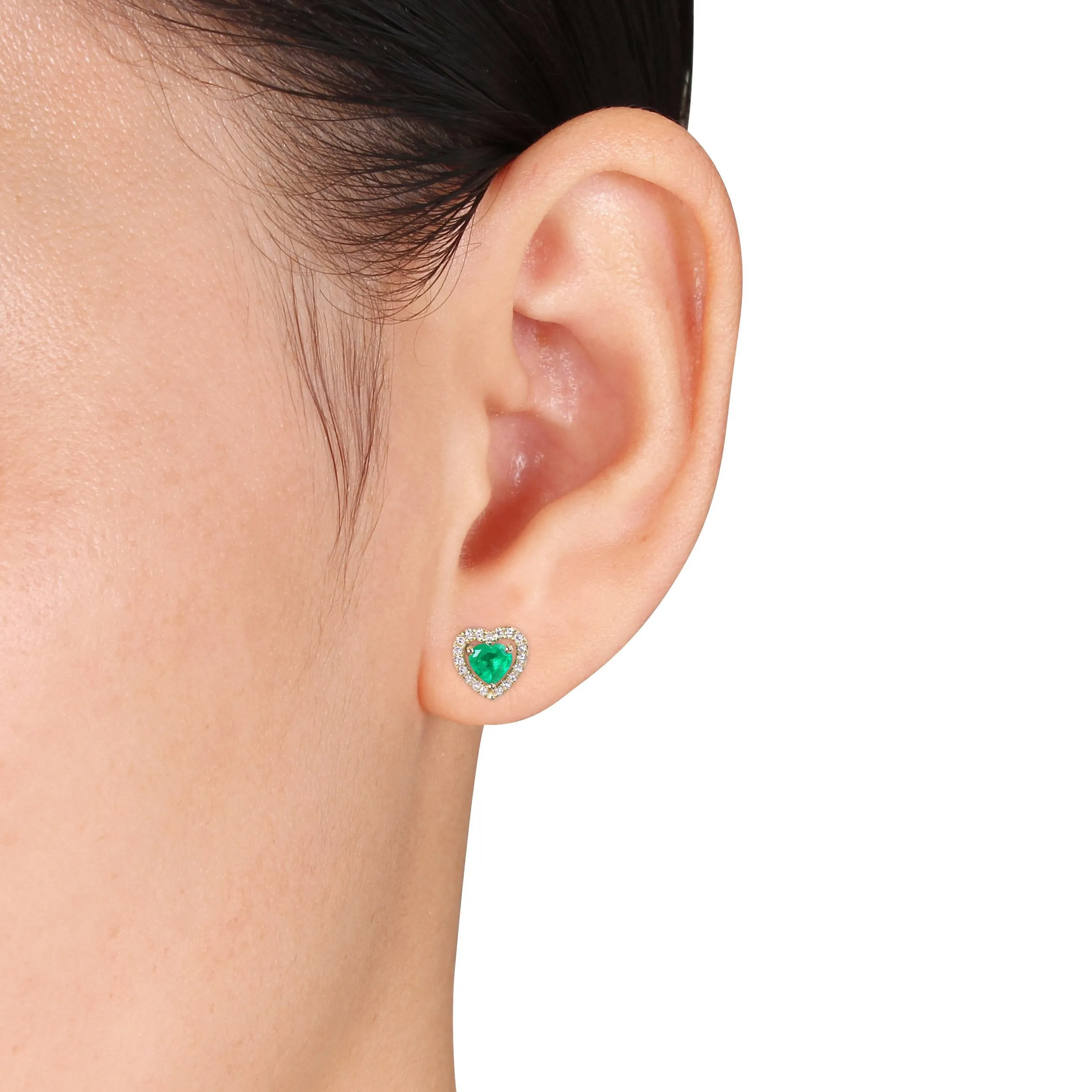 Emerald and Diamond Floating Heart Halo Stud Earrings