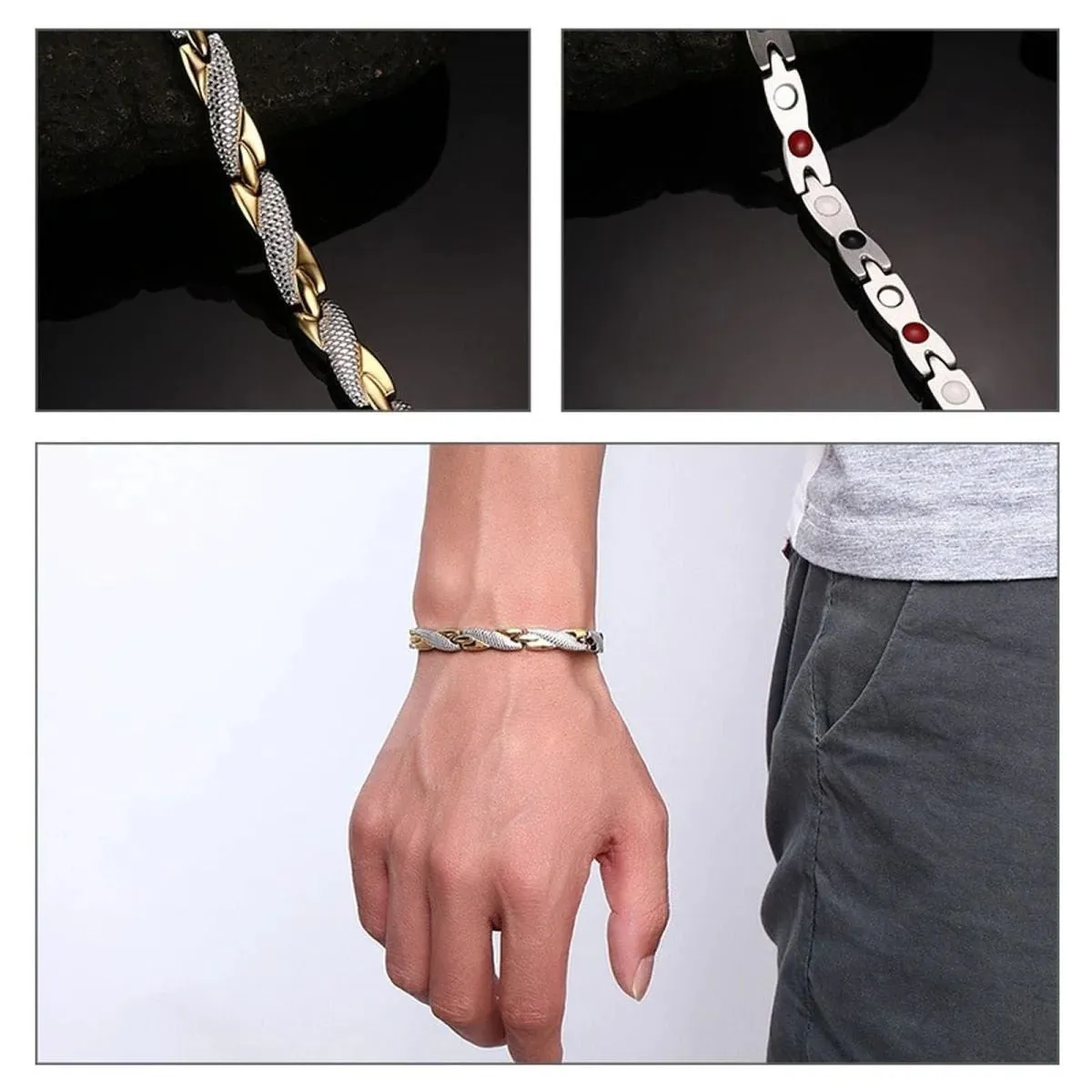 Energizing Magnetic Gold, Silver, and Stainless Steel Health Therapy Bracelet For Men
