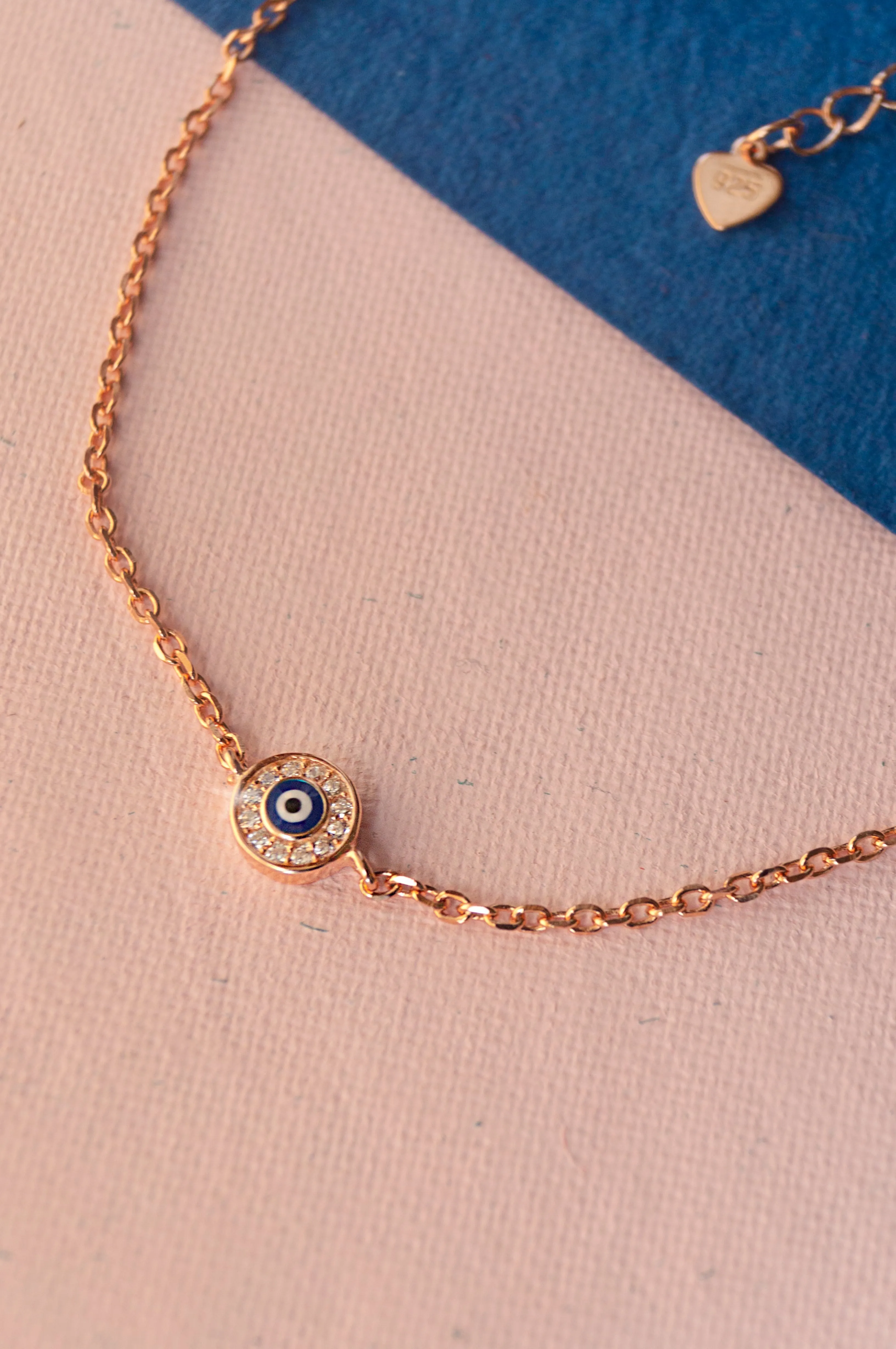 Evil Eye Round Hand-Painted Delicate Rose Gold Plated Sterling Silver Chain Bracelet