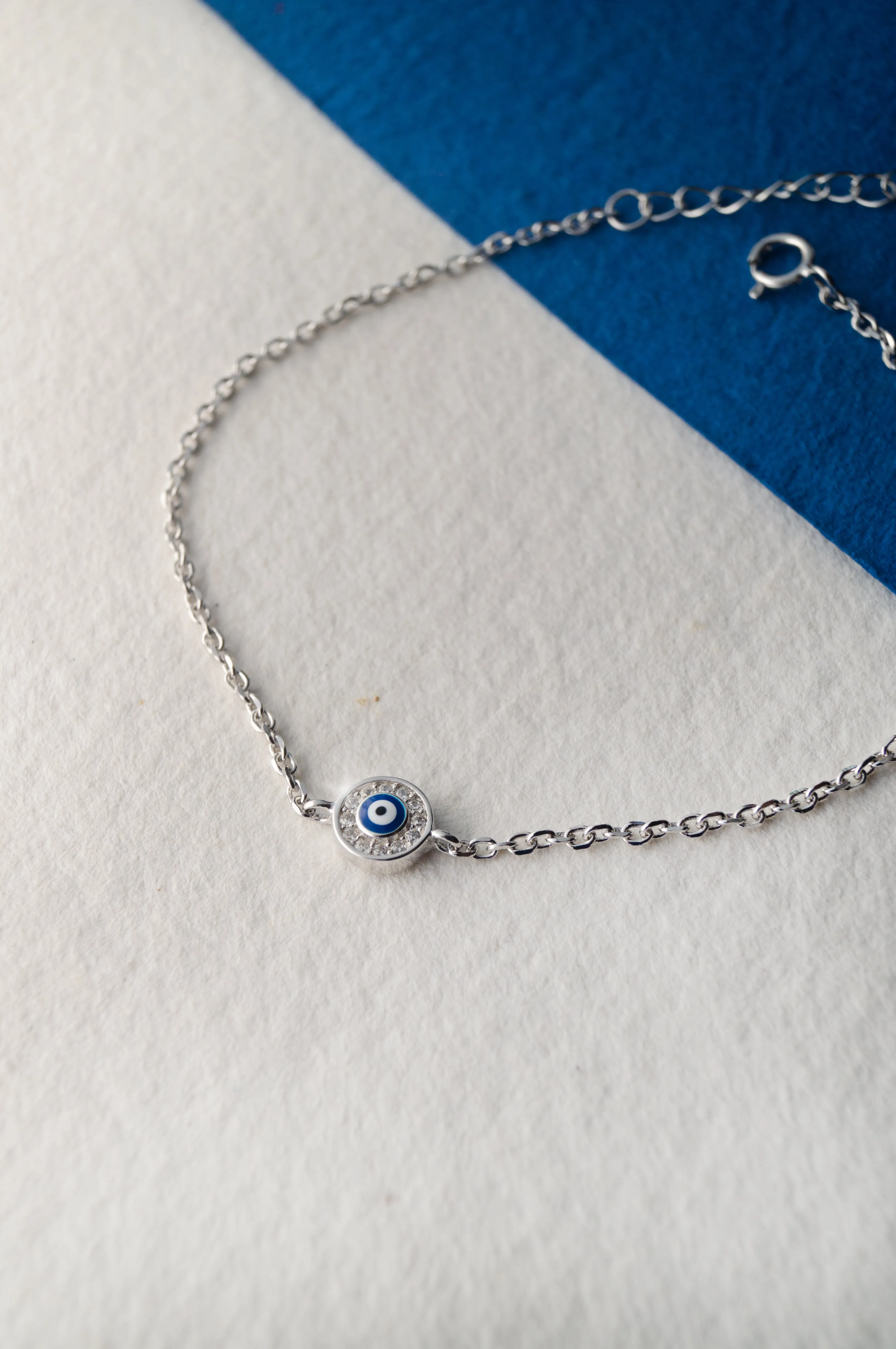 Evil Eye Round Hand-Painted Delicate Rose Gold Plated Sterling Silver Chain Bracelet