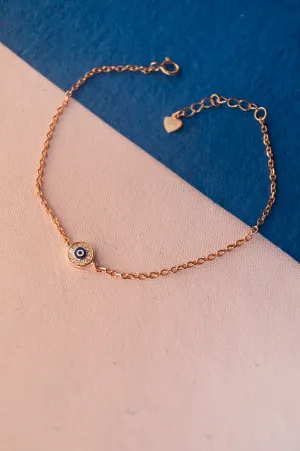 Evil Eye Round Hand-Painted Delicate Rose Gold Plated Sterling Silver Chain Bracelet