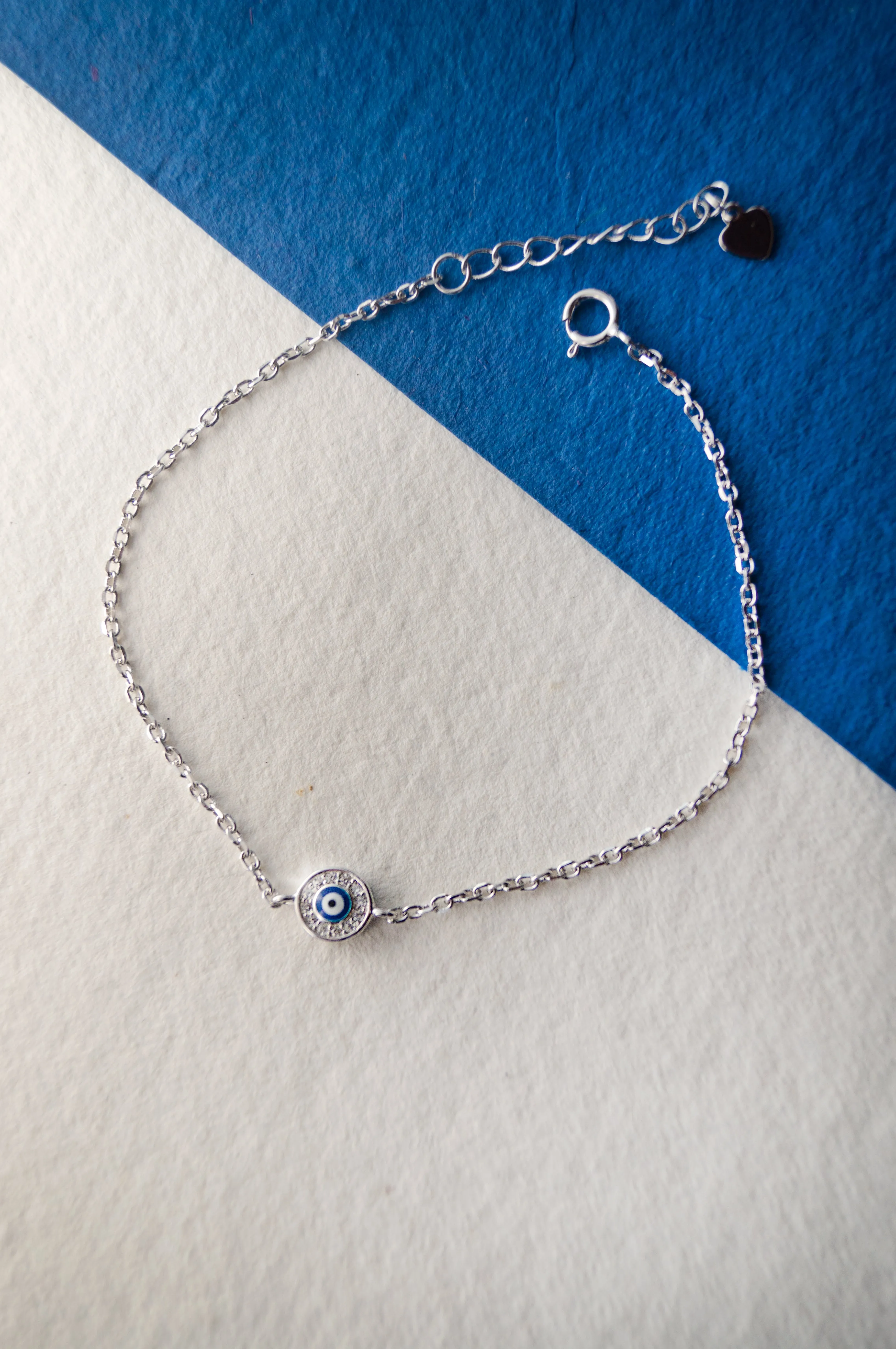 Evil Eye Round Hand-Painted Delicate Rose Gold Plated Sterling Silver Chain Bracelet