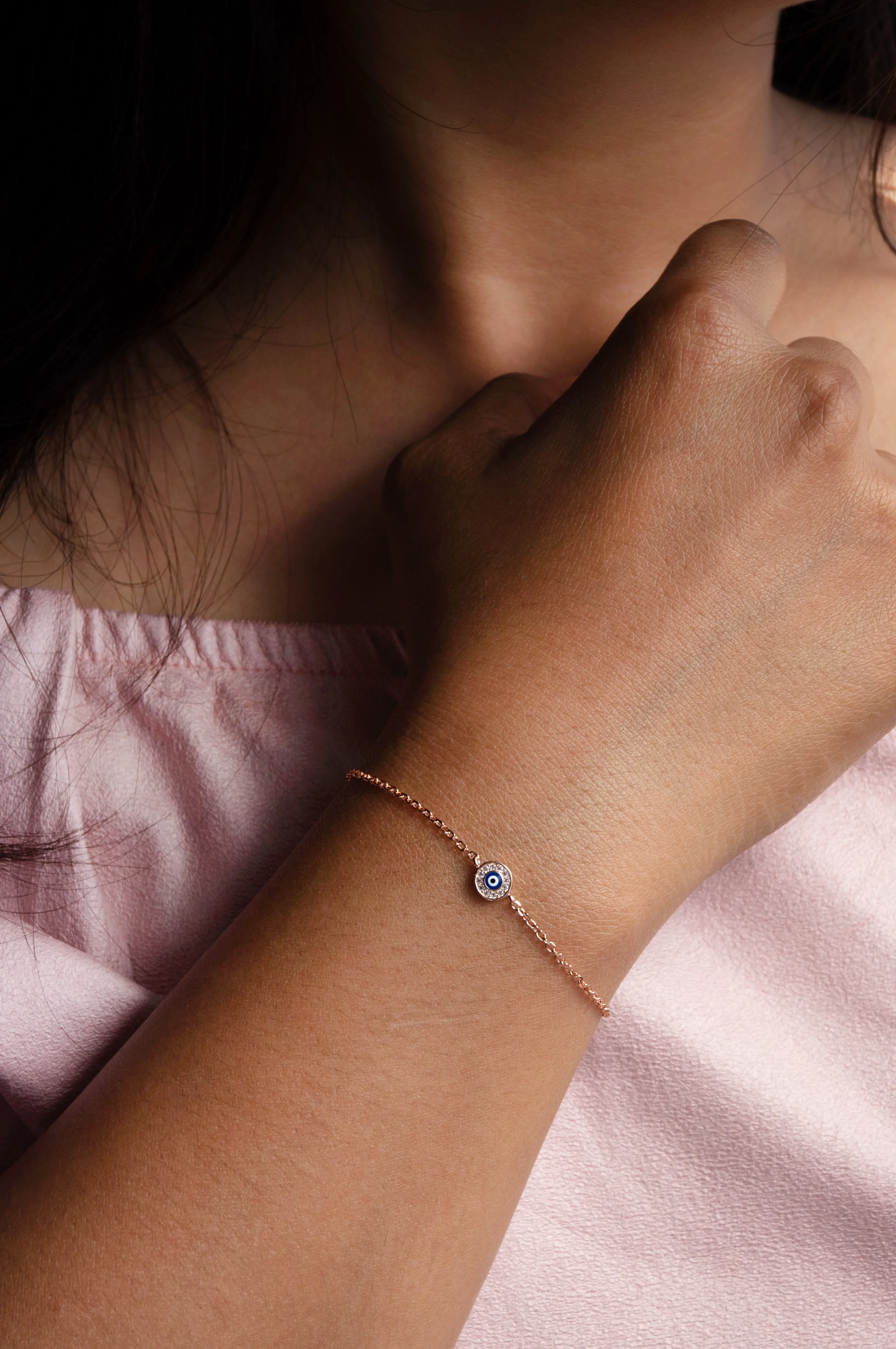Evil Eye Round Hand-Painted Delicate Rose Gold Plated Sterling Silver Chain Bracelet