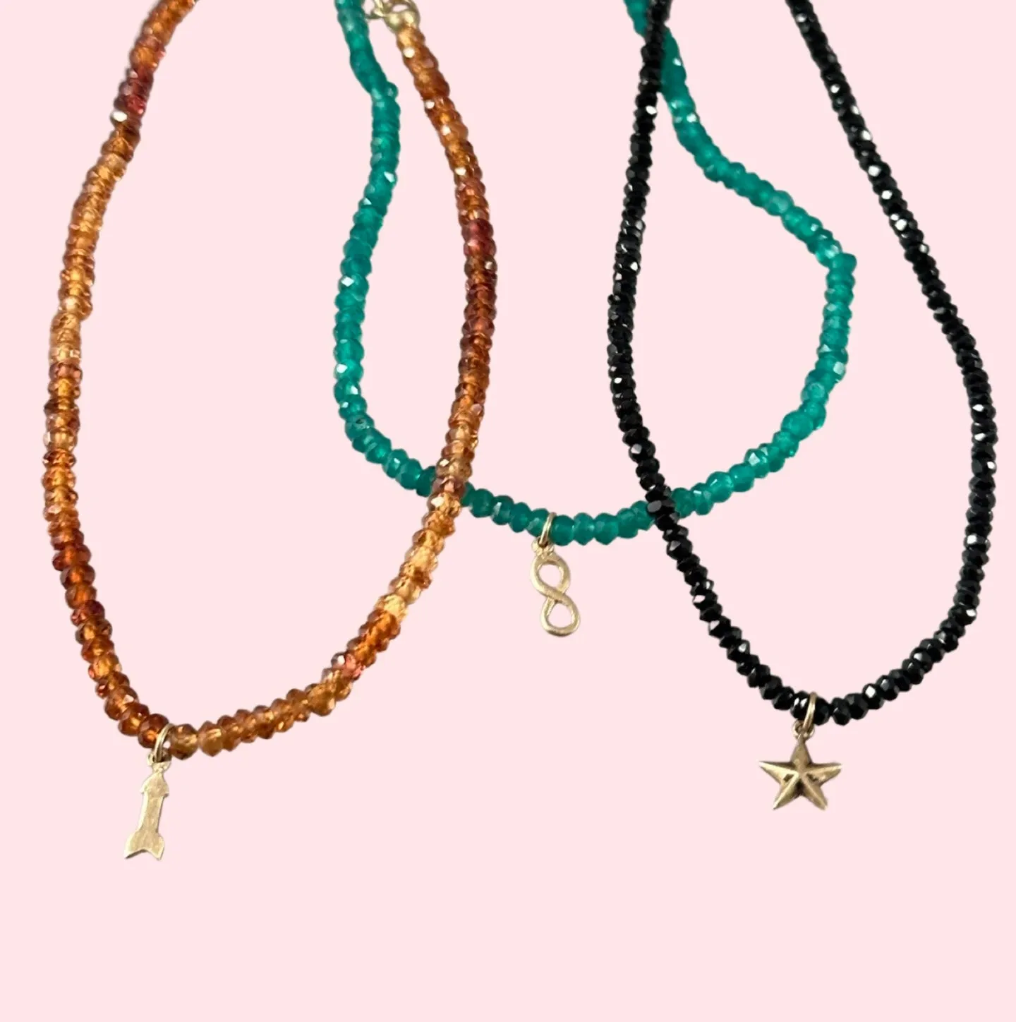 Faceted Small Gemstone Bracelets with 14K Gold Tiny Charm
