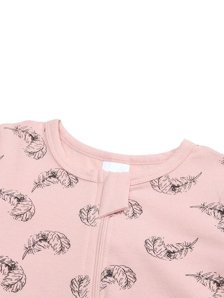Floating Feathers - Pink Baby Zip Sleepsuit with Hand & Feet Cuffs