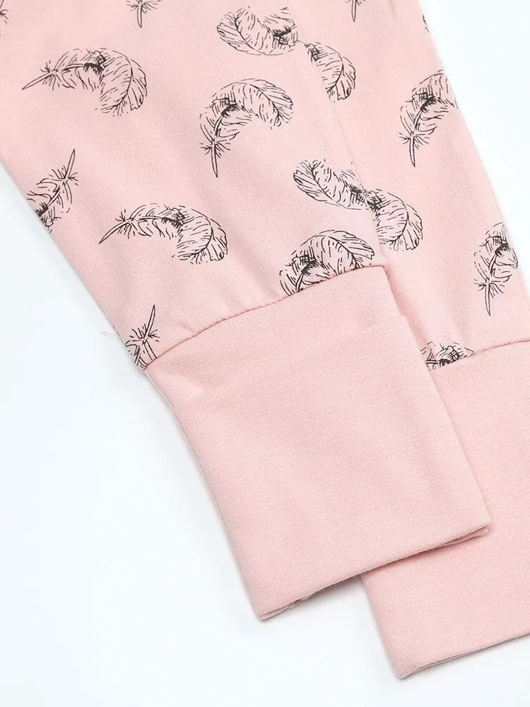 Floating Feathers - Pink Baby Zip Sleepsuit with Hand & Feet Cuffs