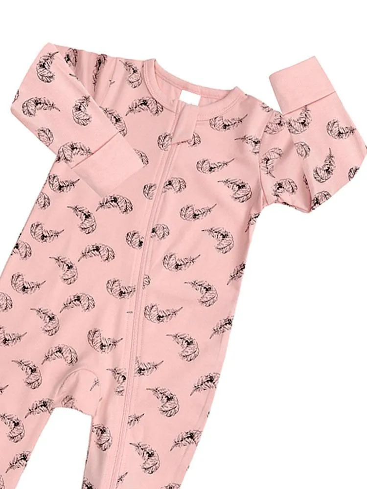 Floating Feathers - Pink Baby Zip Sleepsuit with Hand & Feet Cuffs