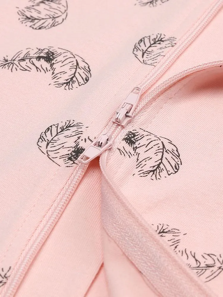 Floating Feathers - Pink Baby Zip Sleepsuit with Hand & Feet Cuffs