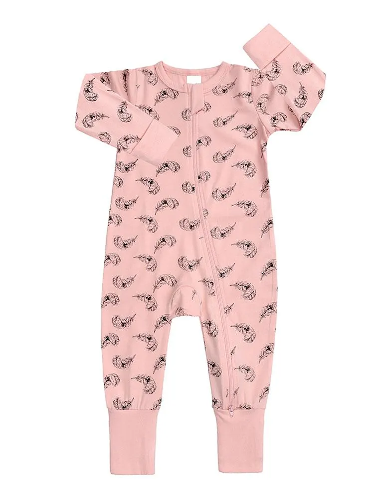 Floating Feathers - Pink Baby Zip Sleepsuit with Hand & Feet Cuffs