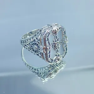 Frosted Camphor Glass Ring, Frosted White Camphor Glass & Inset Gem, Art Deco Jewelry #D203