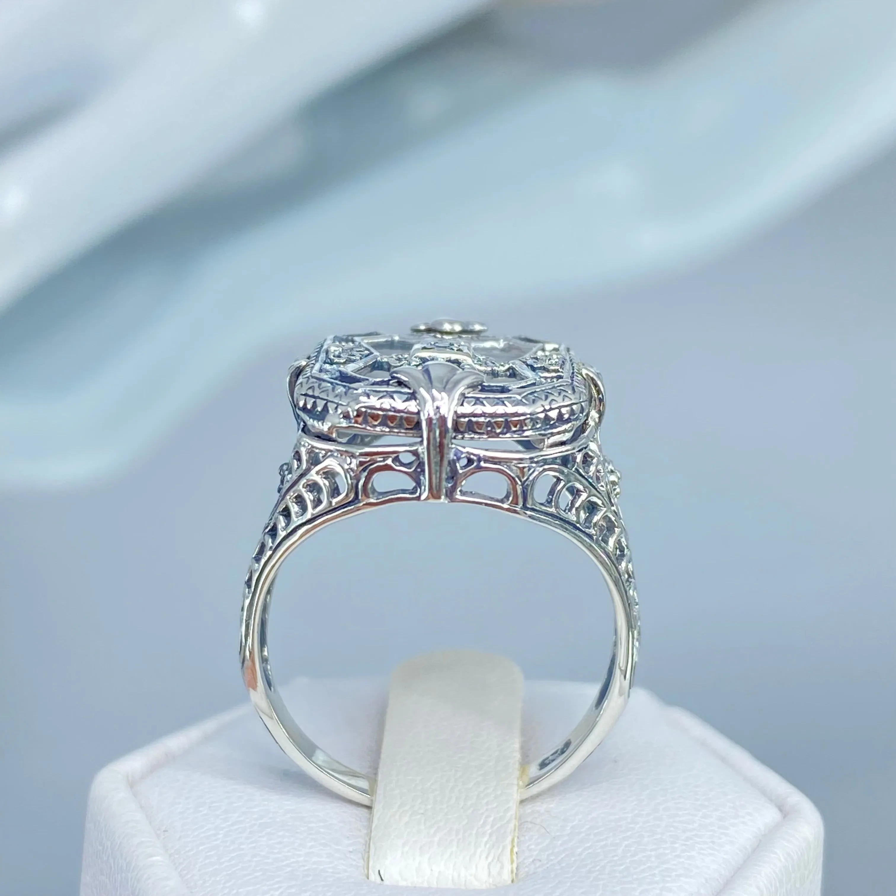 Frosted Camphor Glass Ring, Size 8, Frosted White Camphor Glass & CZ Inset Gem, Art Deco Jewelry #D203 - Ready to Ship
