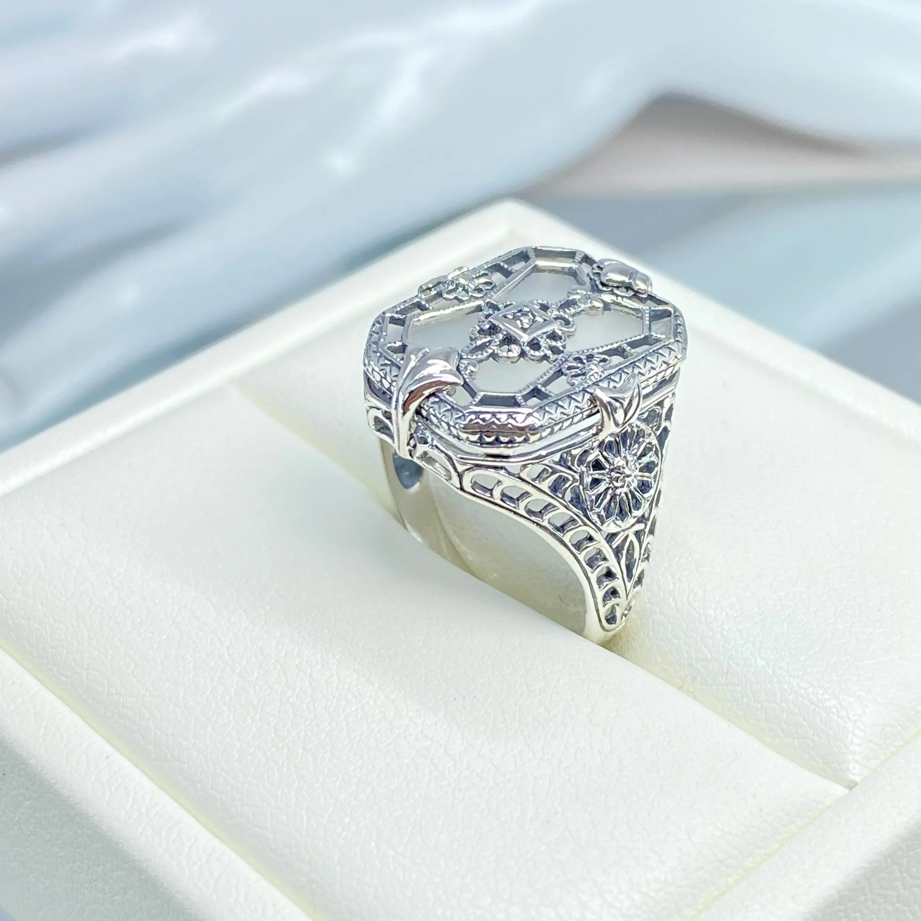 Frosted Camphor Glass Ring, Size 8, Frosted White Camphor Glass & CZ Inset Gem, Art Deco Jewelry #D203 - Ready to Ship