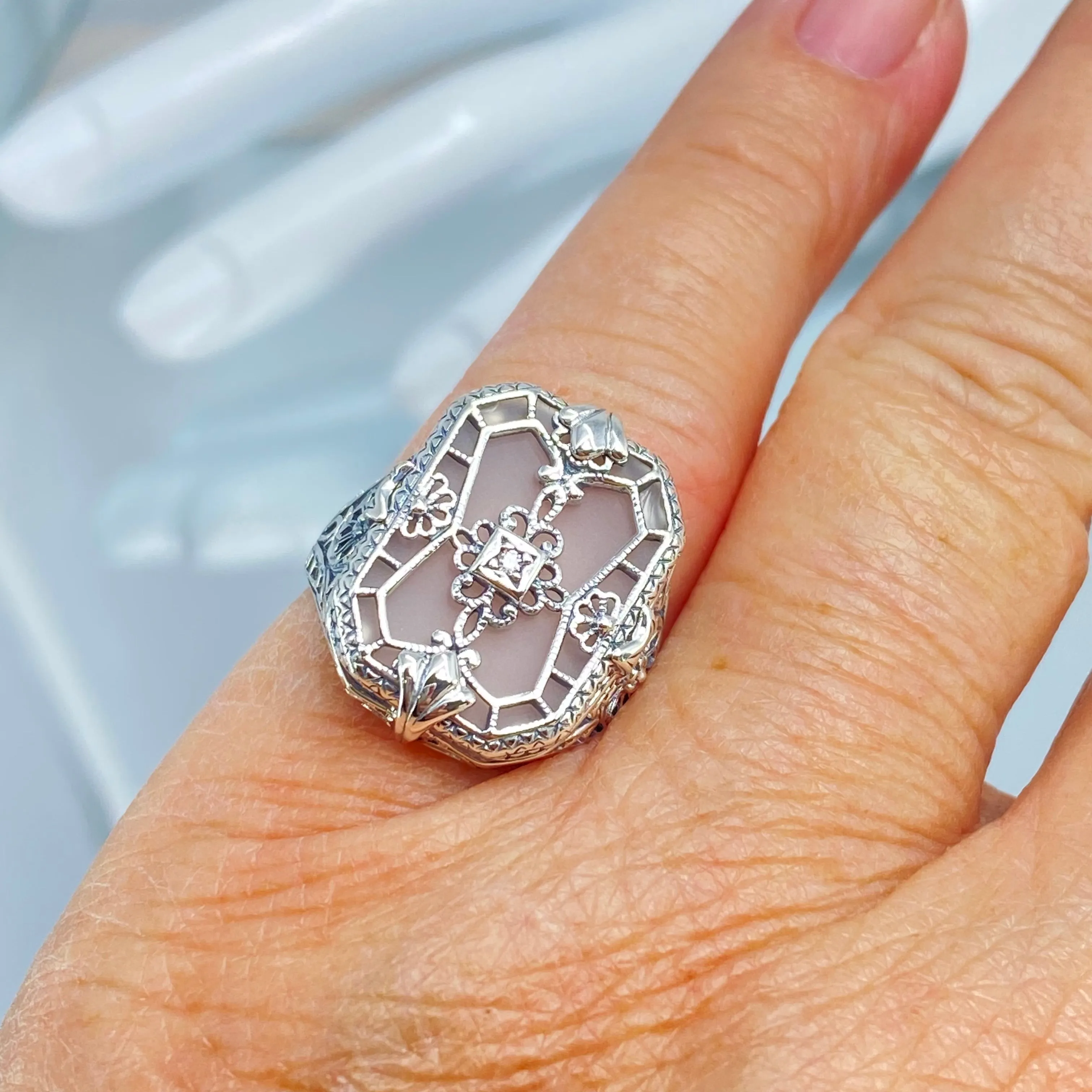 Frosted Camphor Glass Ring, Size 8, Frosted White Camphor Glass & CZ Inset Gem, Art Deco Jewelry #D203 - Ready to Ship
