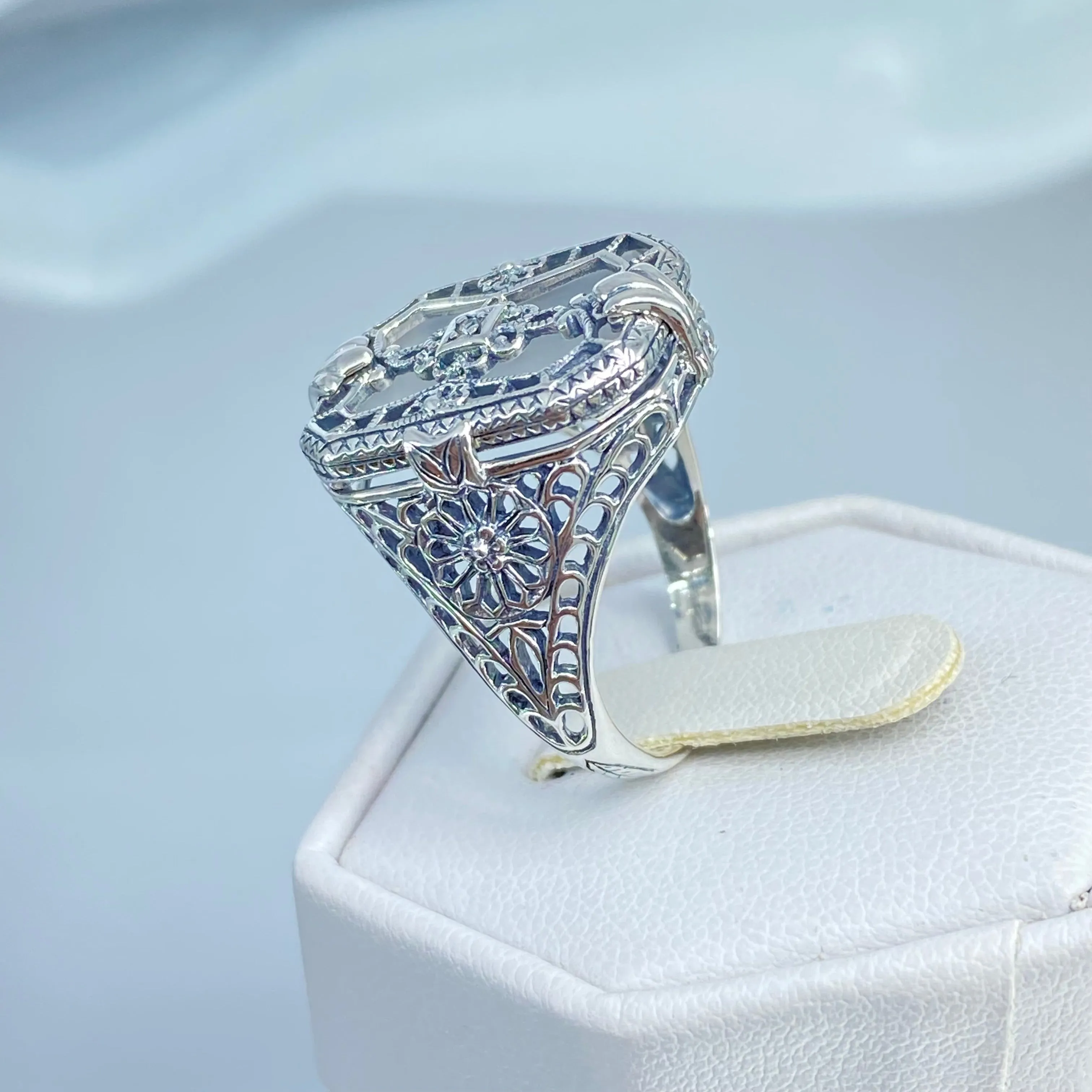 Frosted Camphor Glass Ring, Size 8, Frosted White Camphor Glass & CZ Inset Gem, Art Deco Jewelry #D203 - Ready to Ship