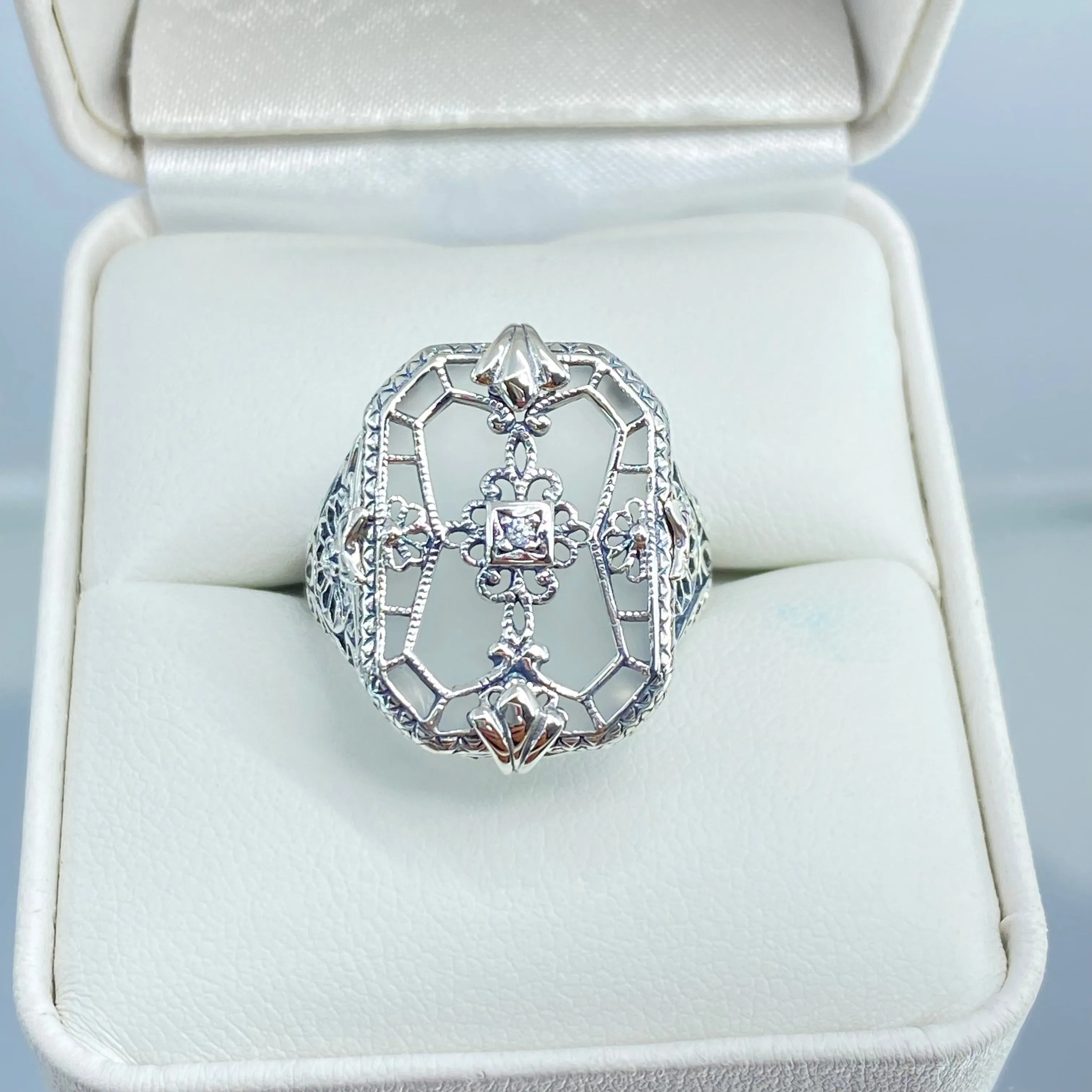 Frosted Camphor Glass Ring, Size 8, Frosted White Camphor Glass & CZ Inset Gem, Art Deco Jewelry #D203 - Ready to Ship