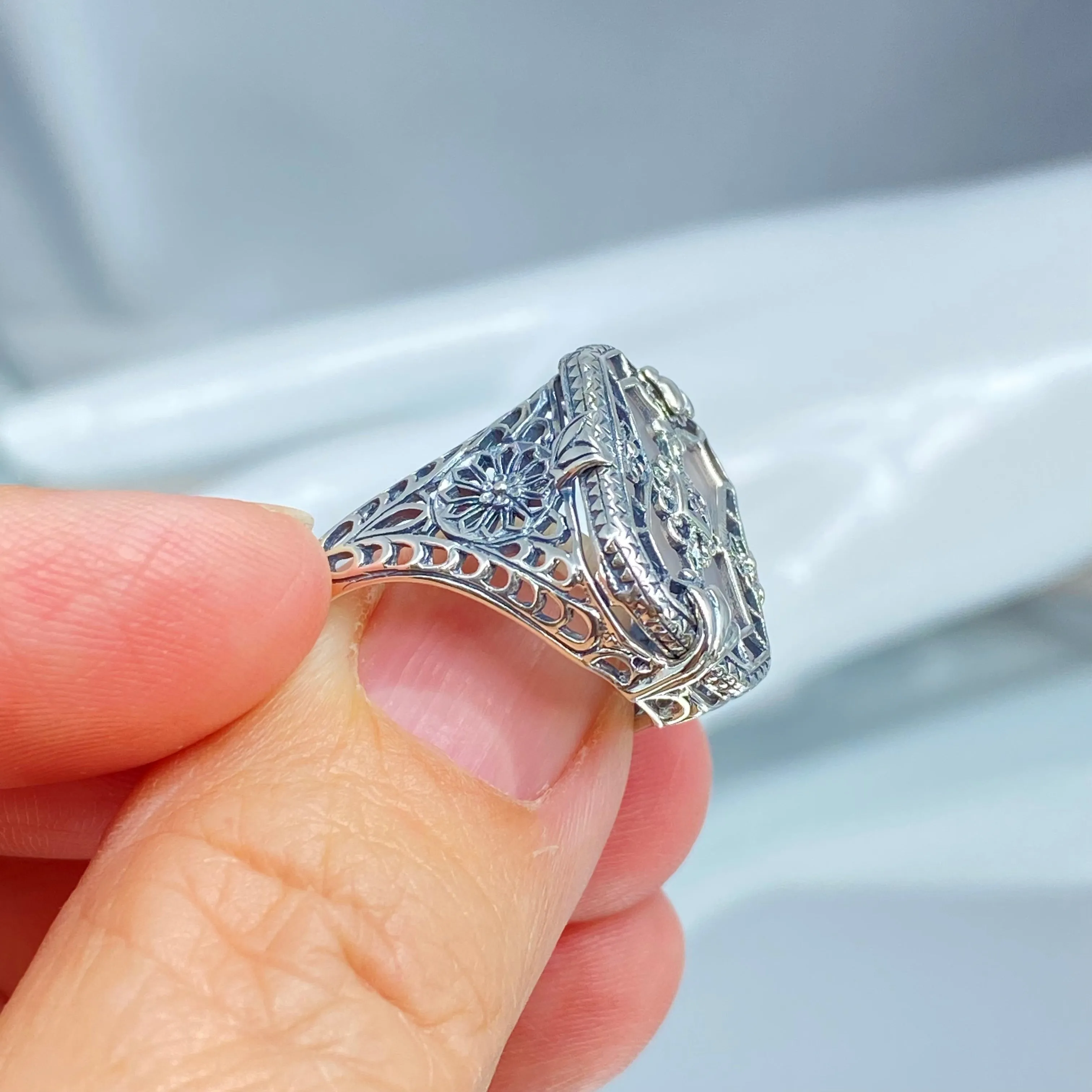 Frosted Camphor Glass Ring, Size 8, Frosted White Camphor Glass & CZ Inset Gem, Art Deco Jewelry #D203 - Ready to Ship