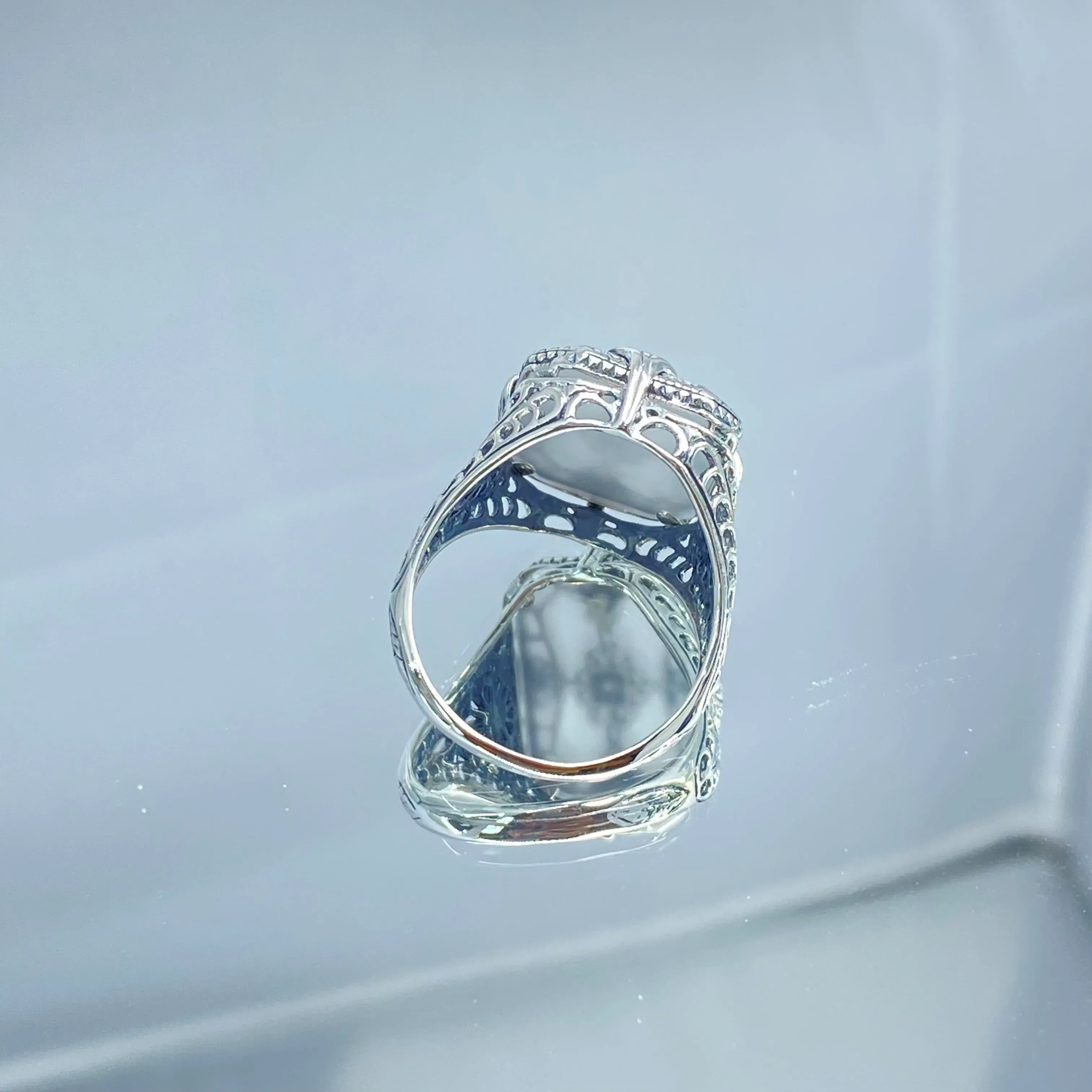 Frosted Camphor Glass Ring, Size 8, Frosted White Camphor Glass & CZ Inset Gem, Art Deco Jewelry #D203 - Ready to Ship