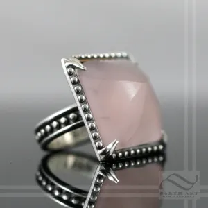 Frosted Rose quartz in Sterling Studded ring - Hand Cut