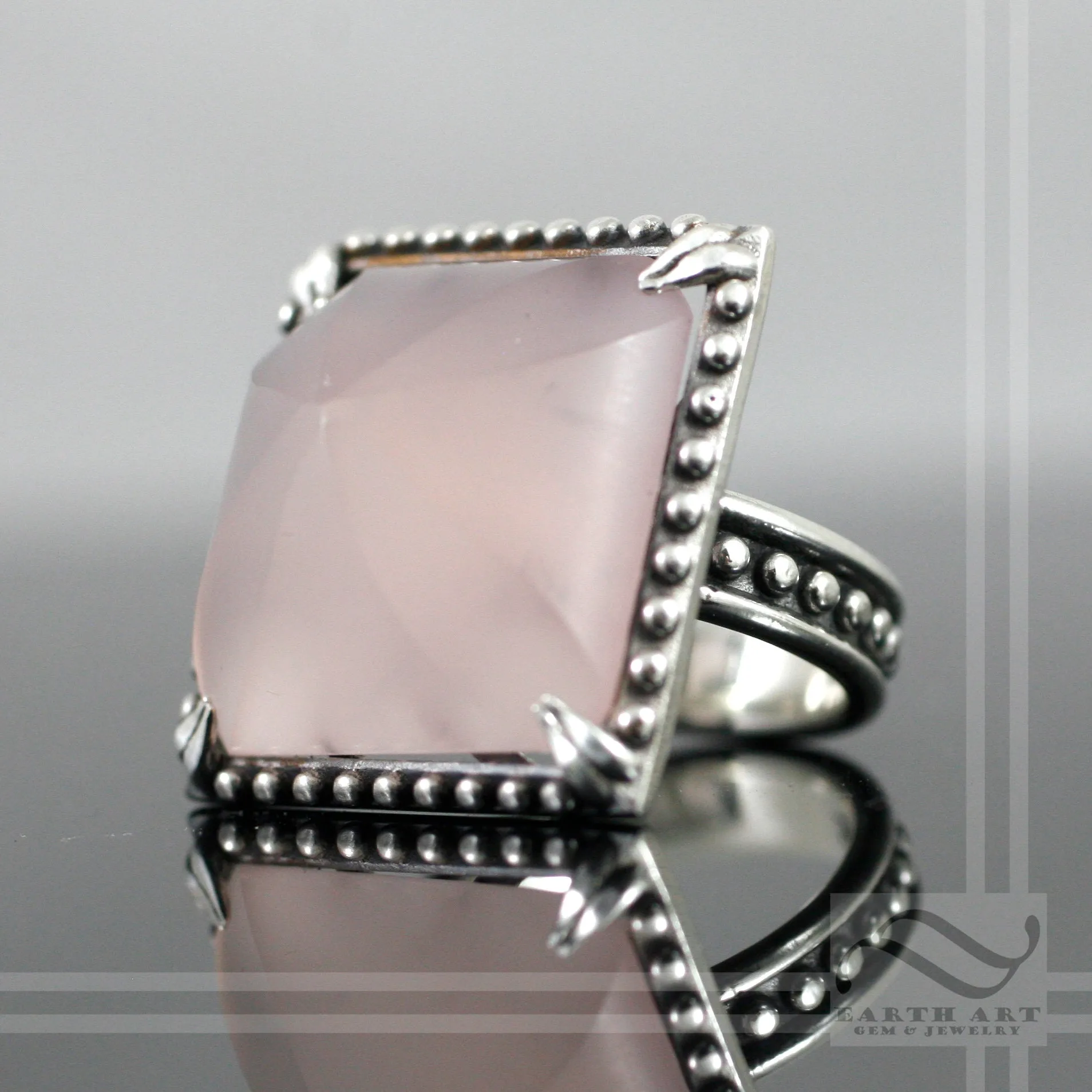 Frosted Rose quartz in Sterling Studded ring - Hand Cut