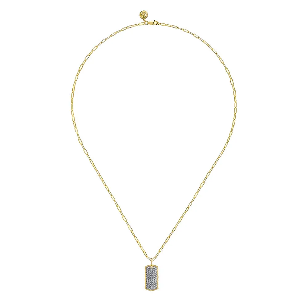 Gabriel 14K Yellow Gold Diamond Pave Dog Tag Pendant Hollow Chain Necklace