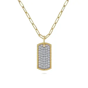 Gabriel 14K Yellow Gold Diamond Pave Dog Tag Pendant Hollow Chain Necklace