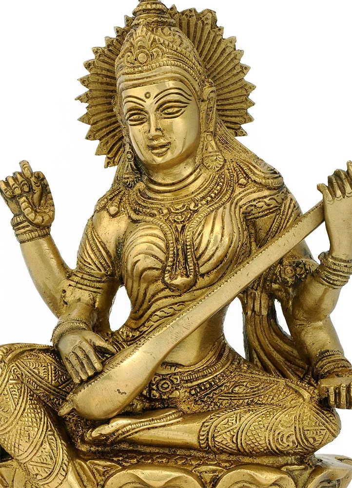Gentle Goddess Saraswati - Brass Figure 9"