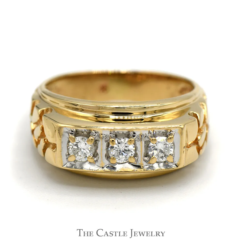 Gents 3 Diamond Ring in 14K Yellow Gold Nugget Mounting
