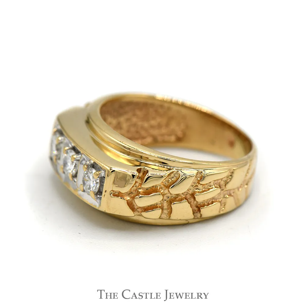 Gents 3 Diamond Ring in 14K Yellow Gold Nugget Mounting