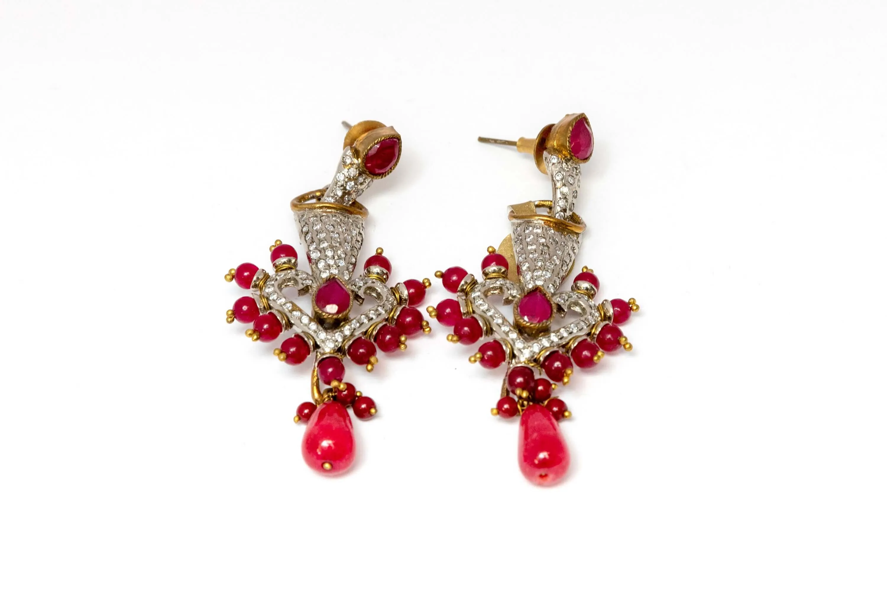 Gold Dangle Earrings With Red Stones