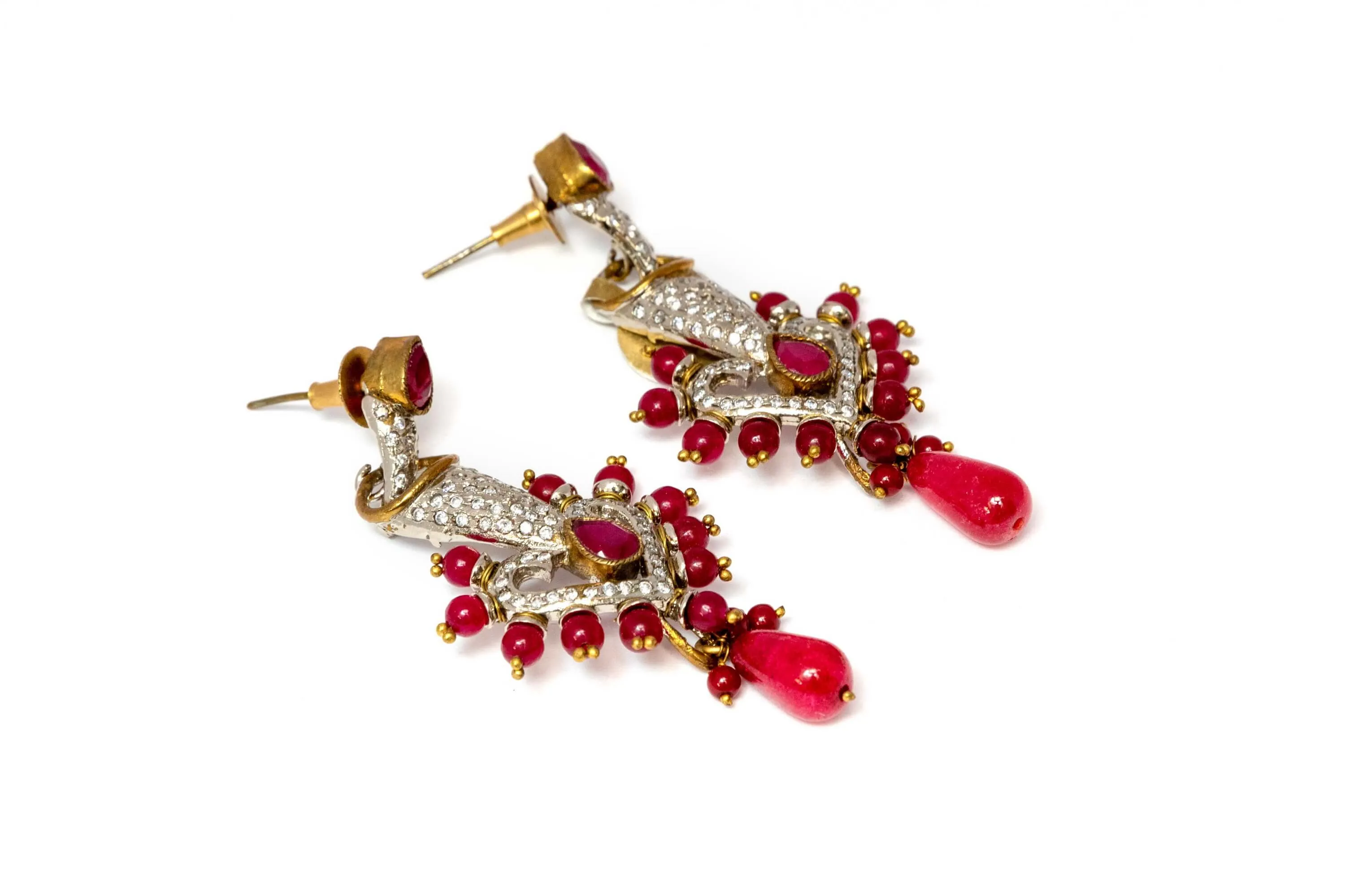 Gold Dangle Earrings With Red Stones