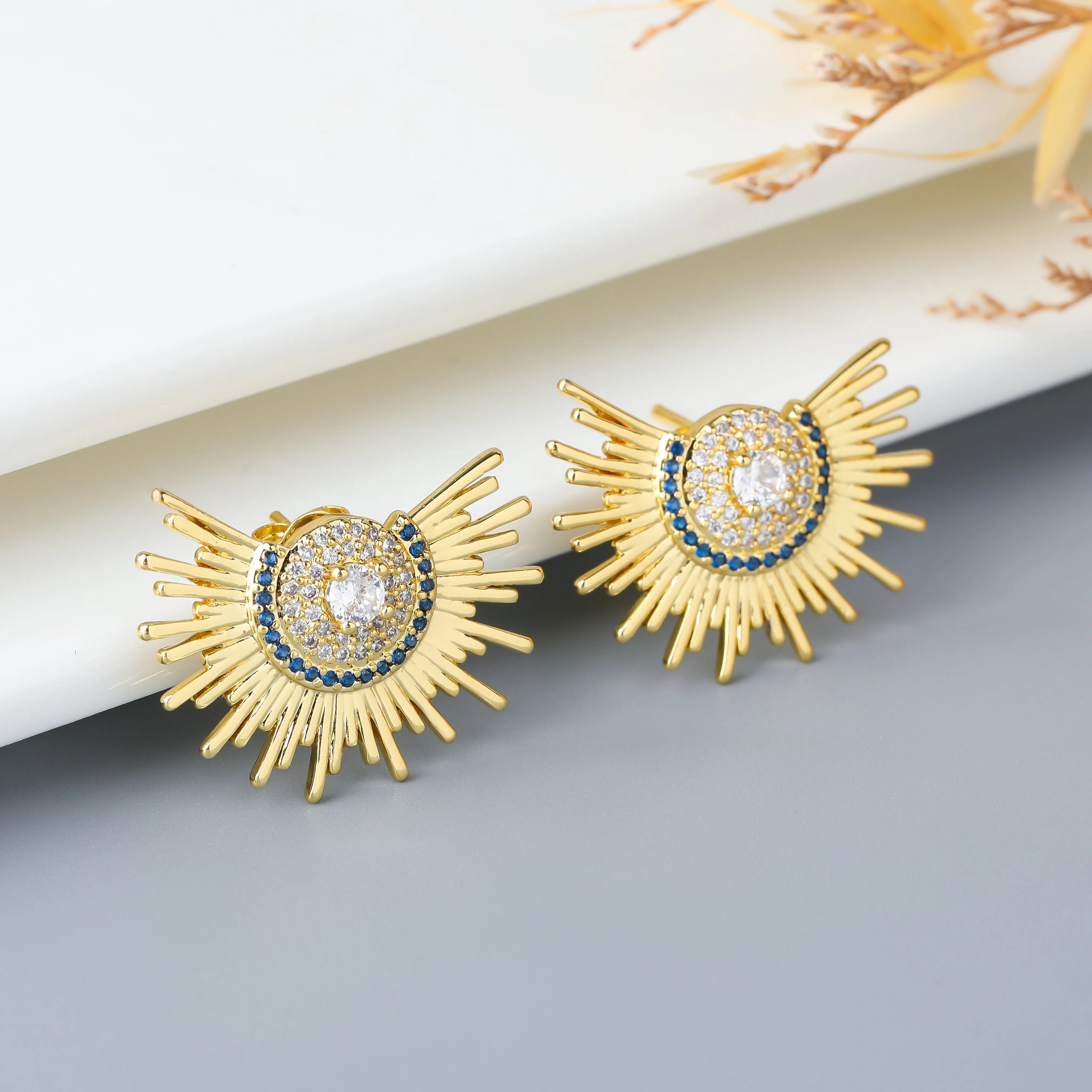 Gold Plated Micro Pave Aztec Sunburst Stud Earrings