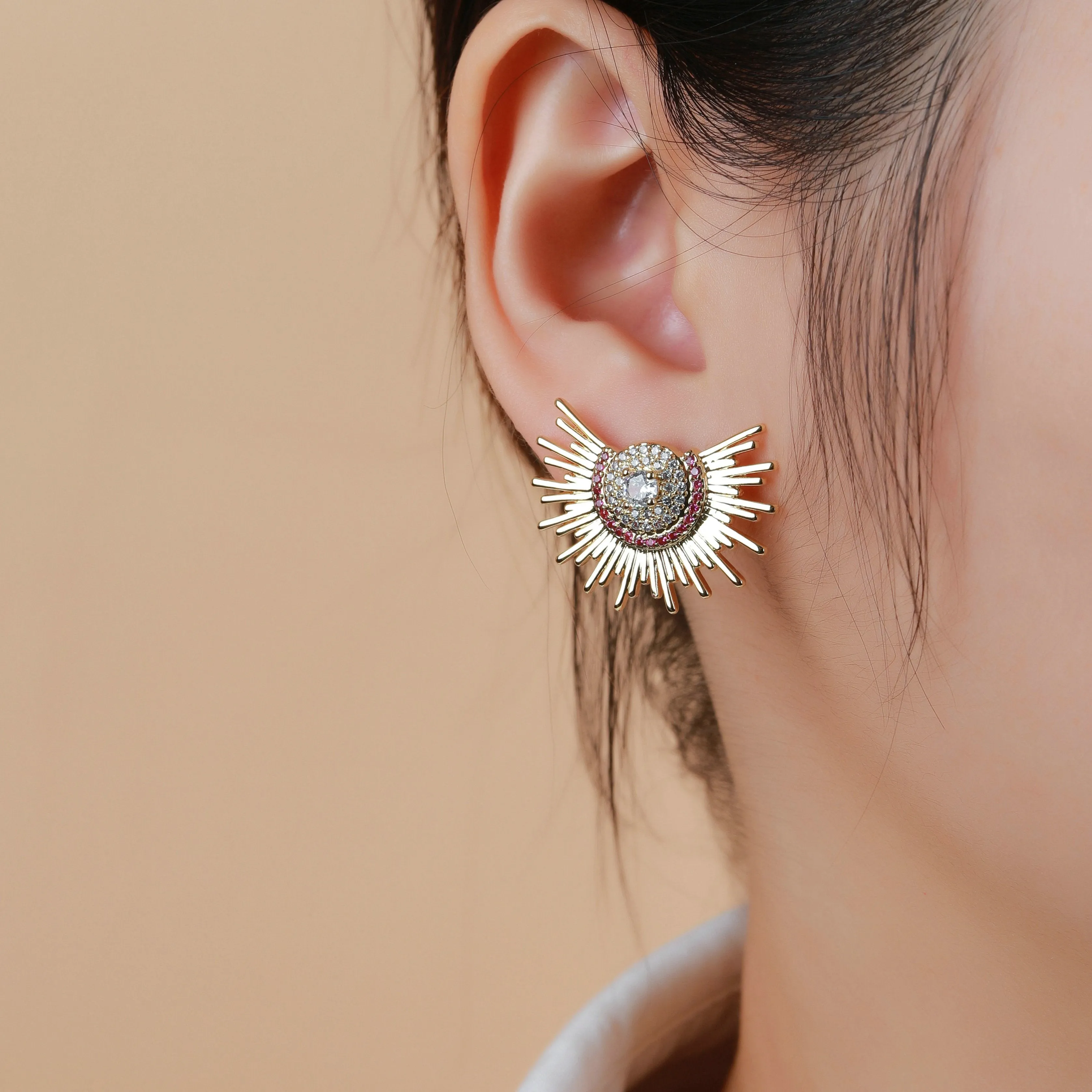 Gold Plated Micro Pave Aztec Sunburst Stud Earrings