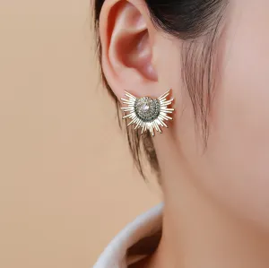 Gold Plated Micro Pave Aztec Sunburst Stud Earrings