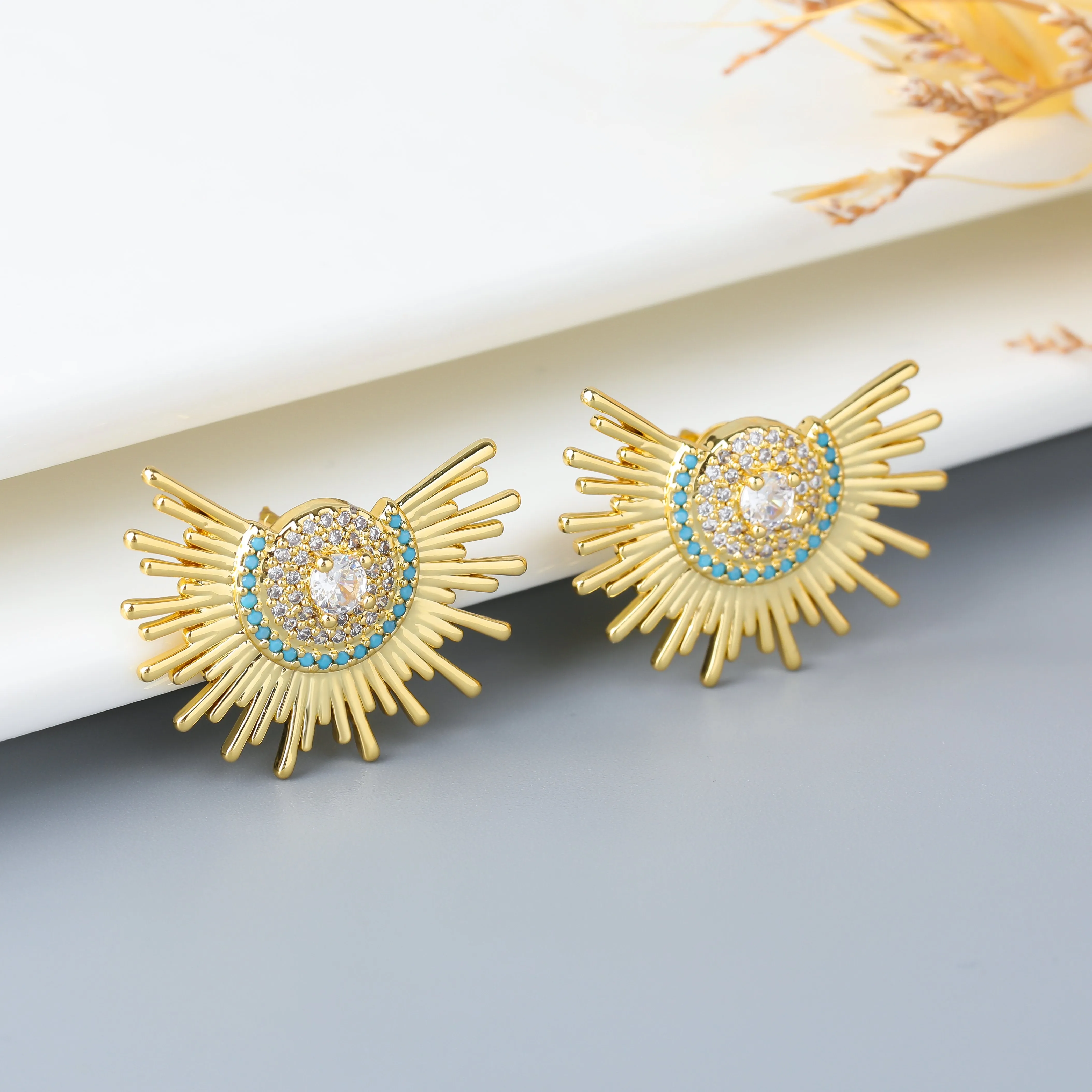 Gold Plated Micro Pave Aztec Sunburst Stud Earrings
