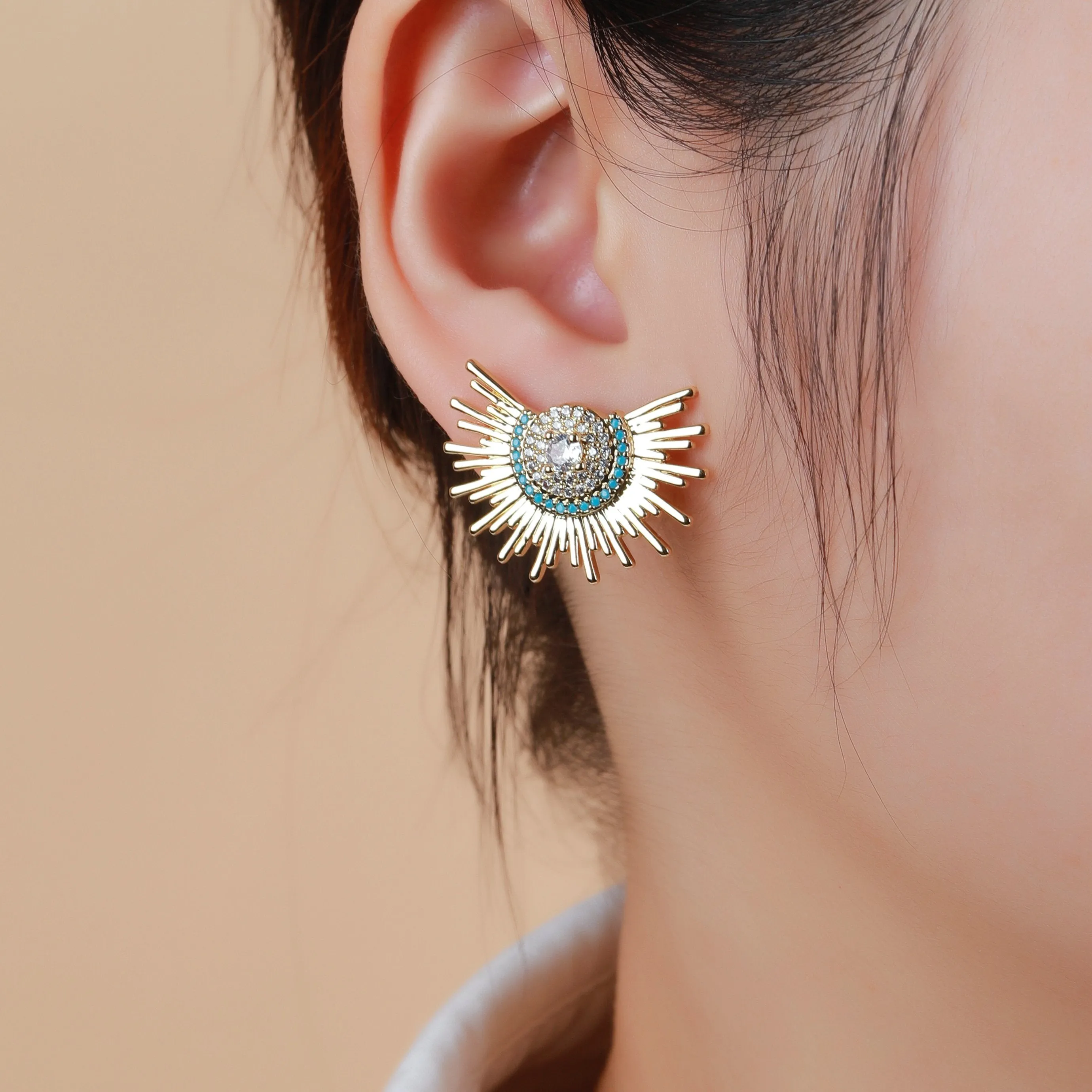 Gold Plated Micro Pave Aztec Sunburst Stud Earrings