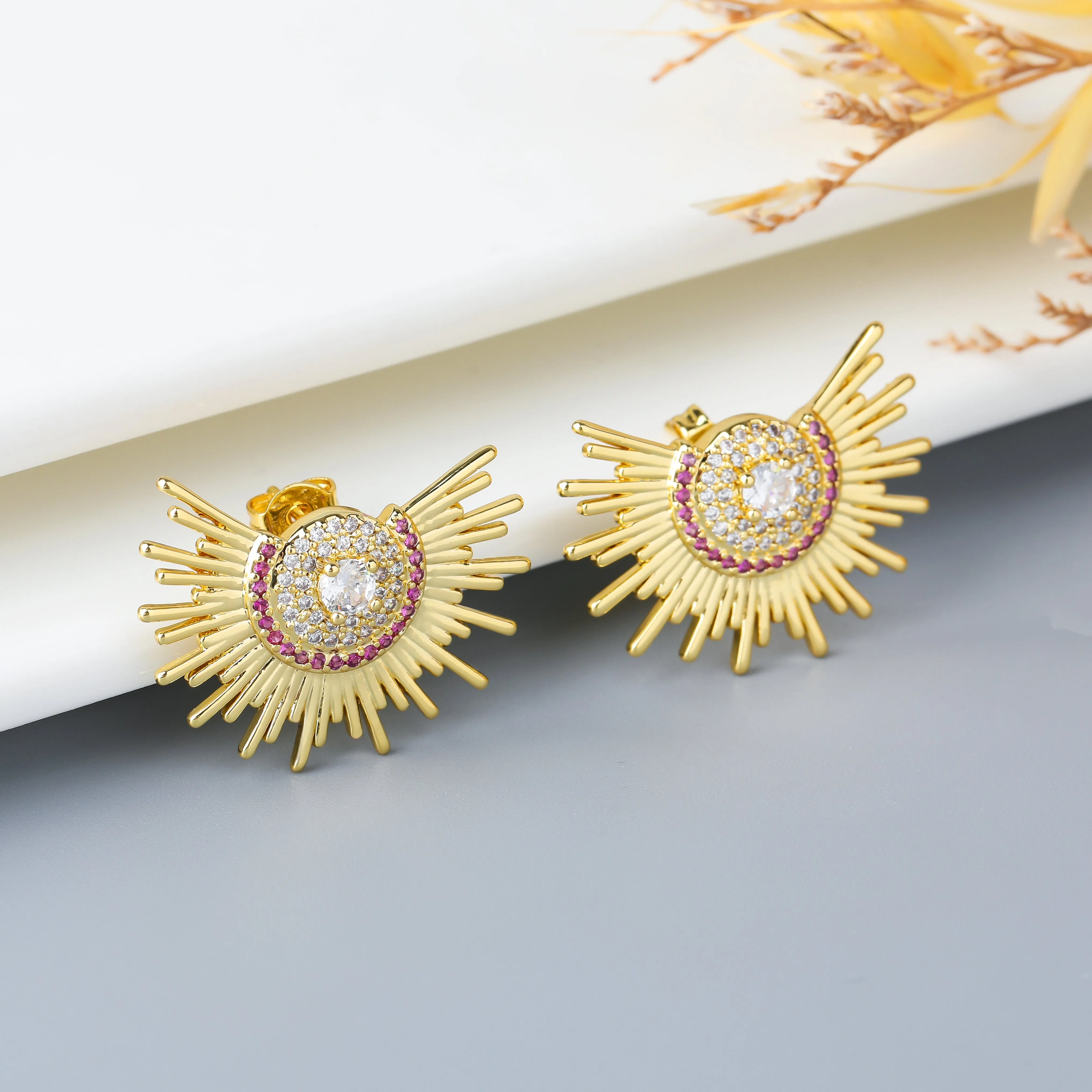 Gold Plated Micro Pave Aztec Sunburst Stud Earrings