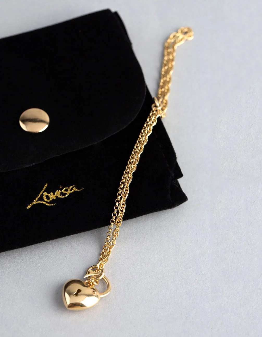 Gold Plated Sterling Silver Heart Padlock Hidden Clasp Bracelet