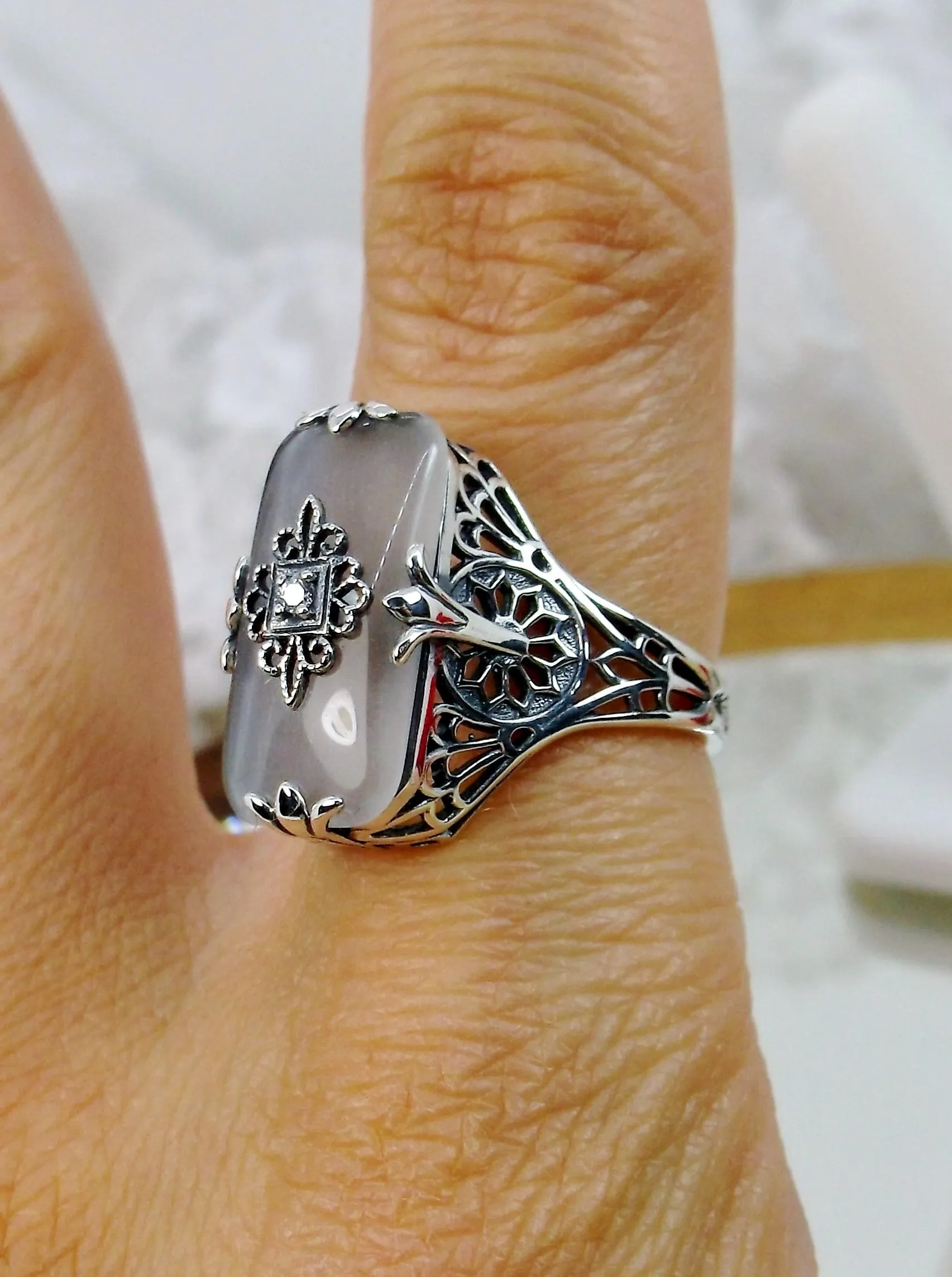 Grace Ring, Frosted Camphor Glass, Edwardian Style Jewelry #D233