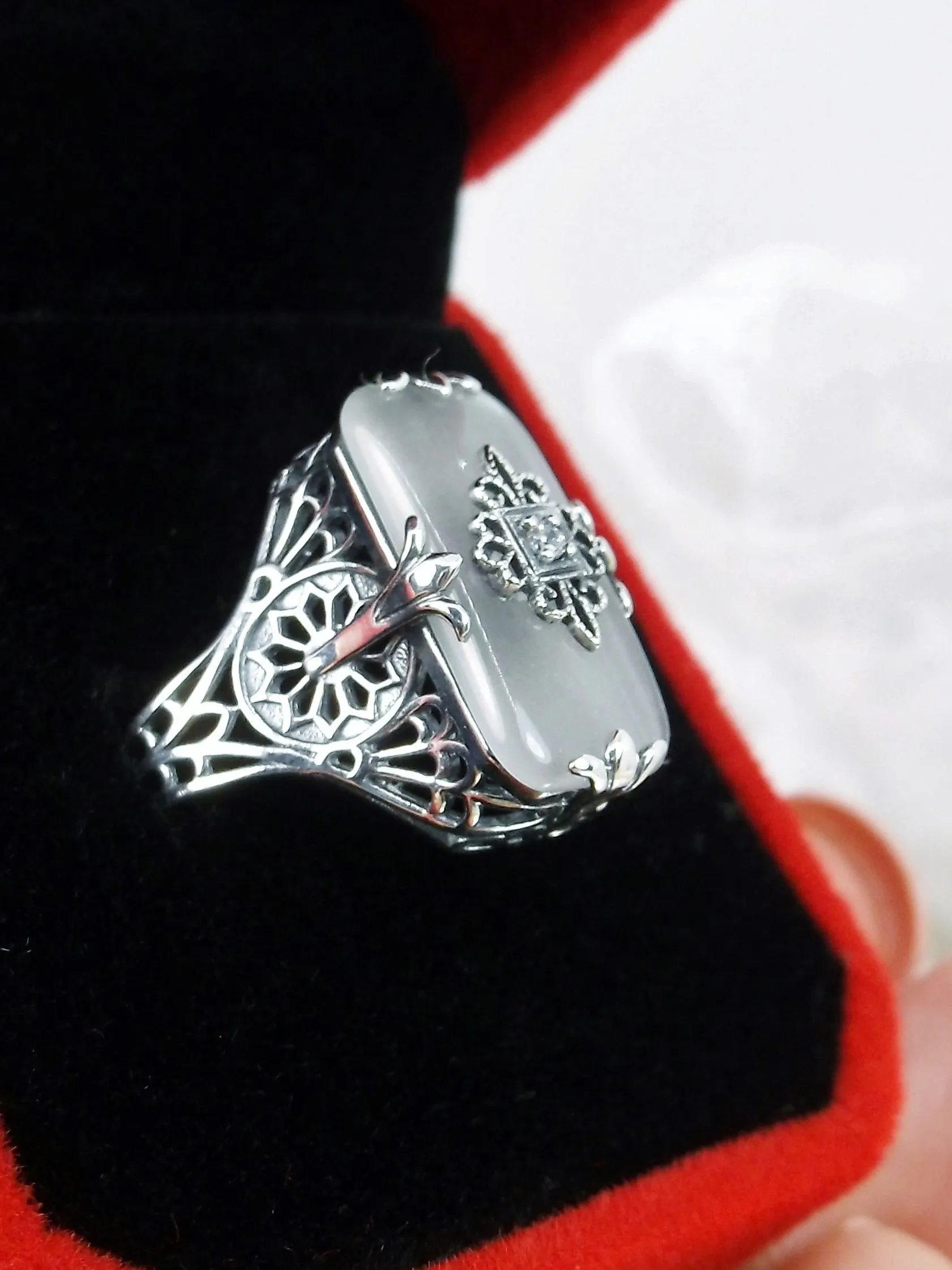 Grace Ring, Frosted Camphor Glass, Edwardian Style Jewelry #D233