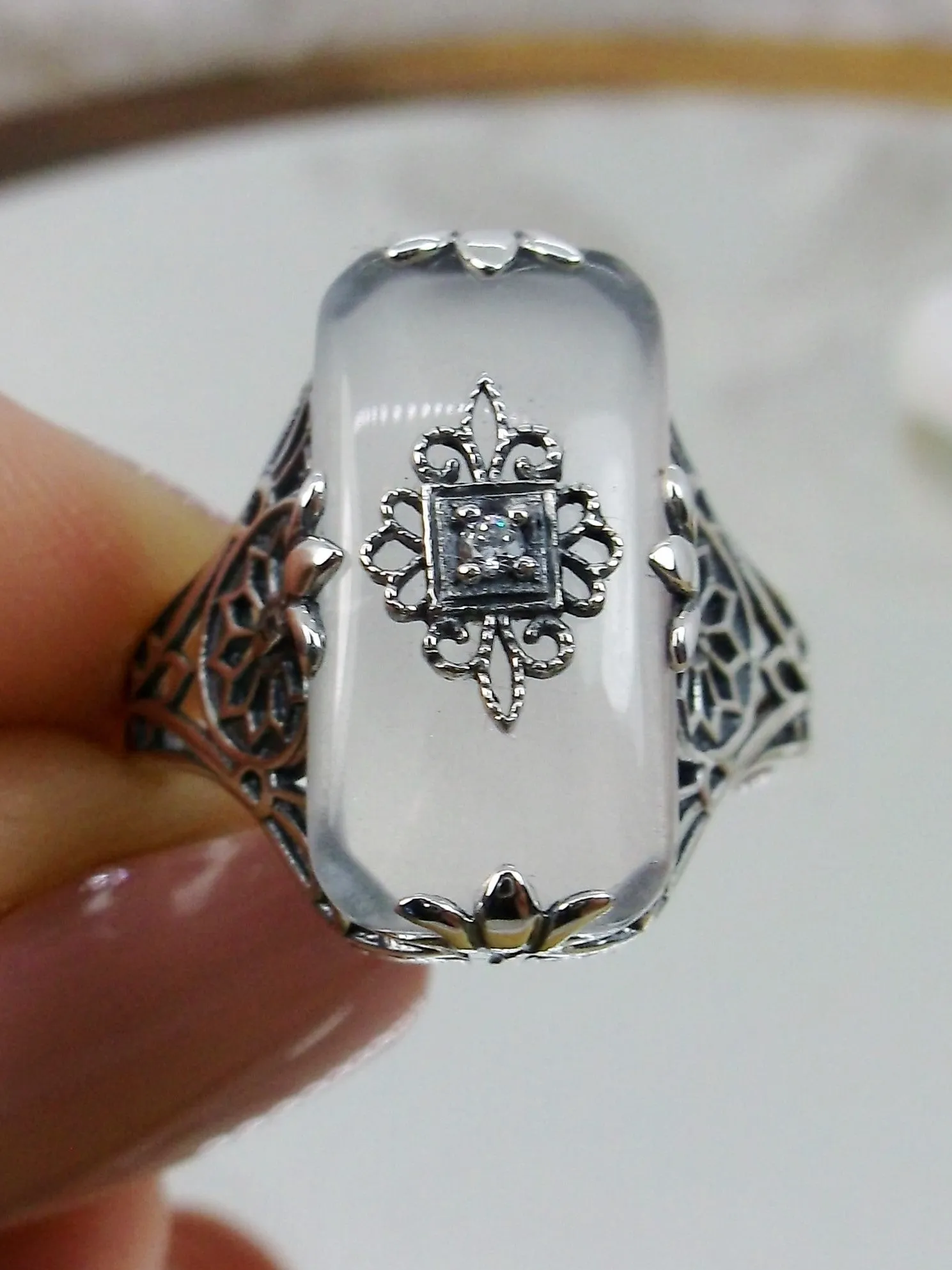 Grace Ring, Frosted Camphor Glass, Edwardian Style Jewelry #D233
