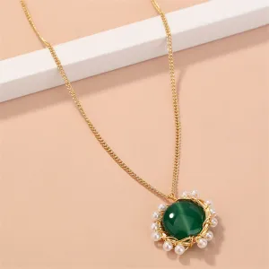 Green Crystal & Pearl 18K Gold-Plated Flower Pendant Necklace