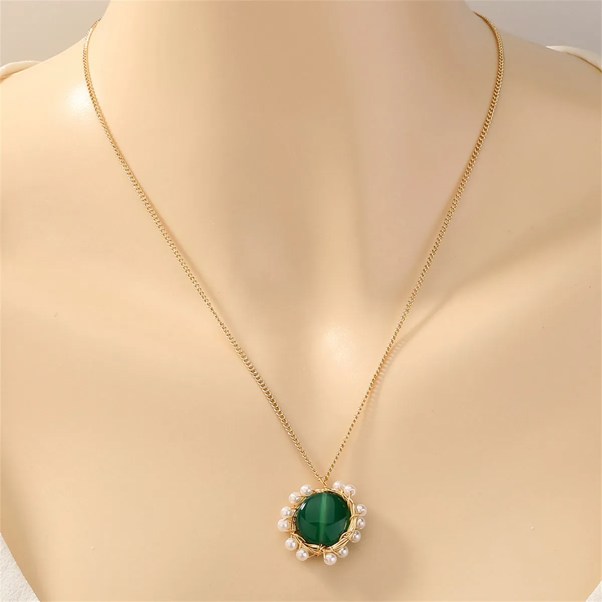 Green Crystal & Pearl 18K Gold-Plated Flower Pendant Necklace
