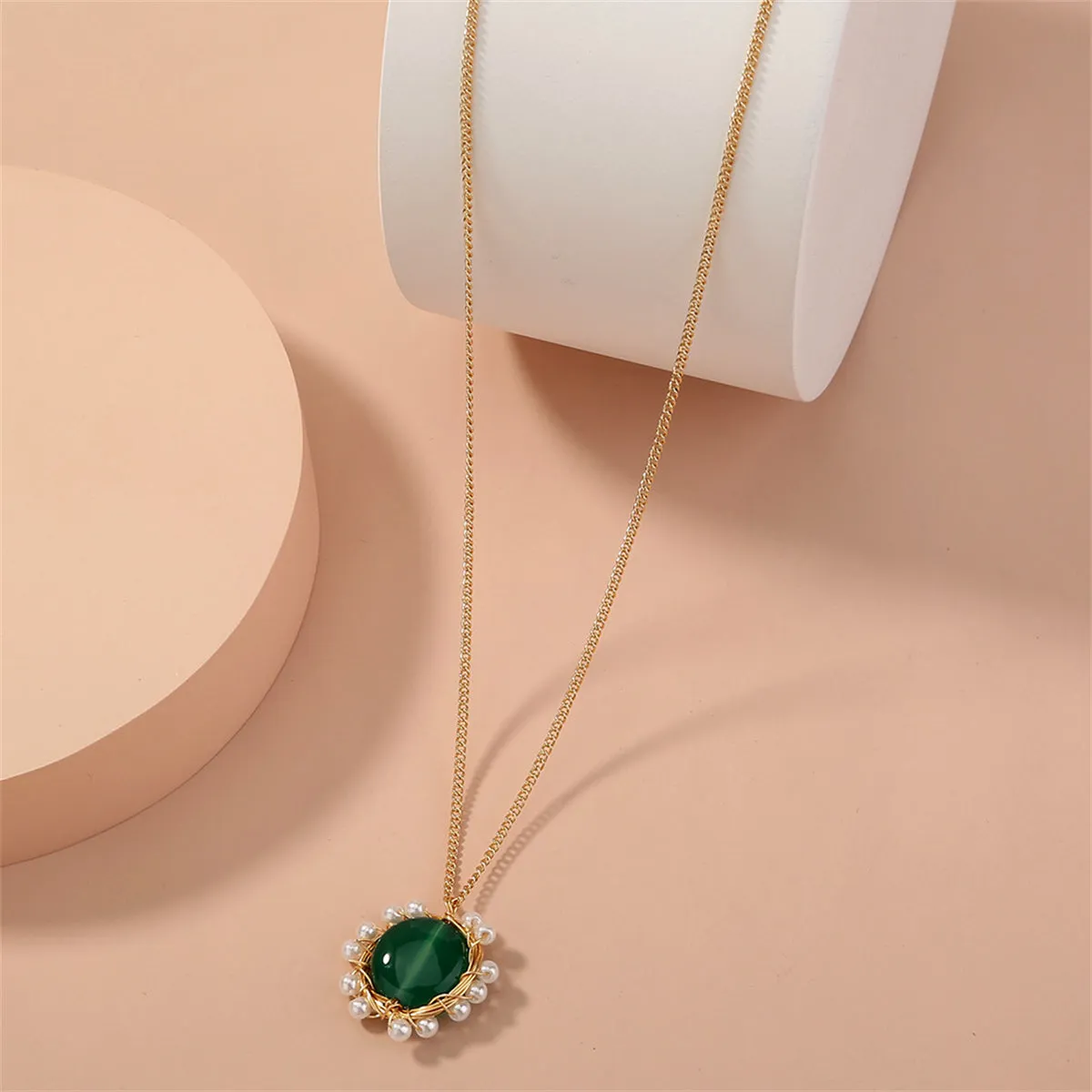 Green Crystal & Pearl 18K Gold-Plated Flower Pendant Necklace