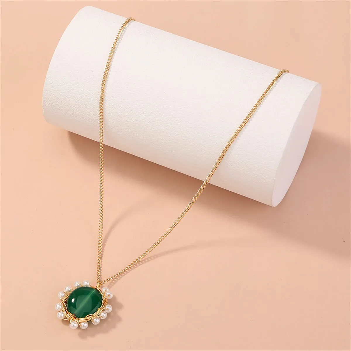Green Crystal & Pearl 18K Gold-Plated Flower Pendant Necklace