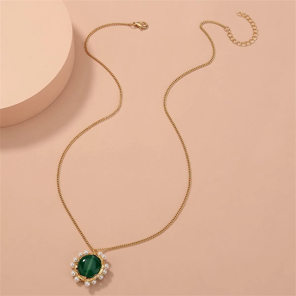 Green Crystal & Pearl 18K Gold-Plated Flower Pendant Necklace
