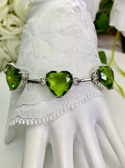 Green Peridot Bracelet, Heart Gems, Victorian Reproduction Jewelry #B38