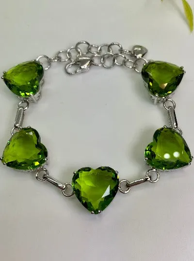 Green Peridot Bracelet, Heart Gems, Victorian Reproduction Jewelry #B38