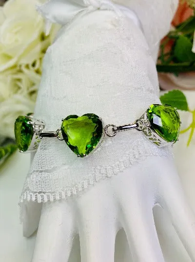 Green Peridot Bracelet, Heart Gems, Victorian Reproduction Jewelry #B38