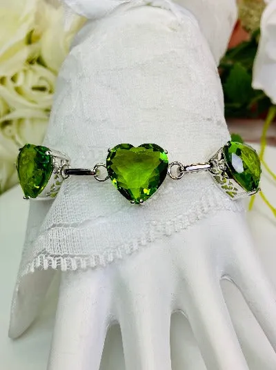Green Peridot Bracelet, Heart Gems, Victorian Reproduction Jewelry #B38