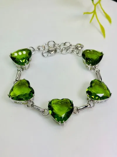 Green Peridot Bracelet, Heart Gems, Victorian Reproduction Jewelry #B38